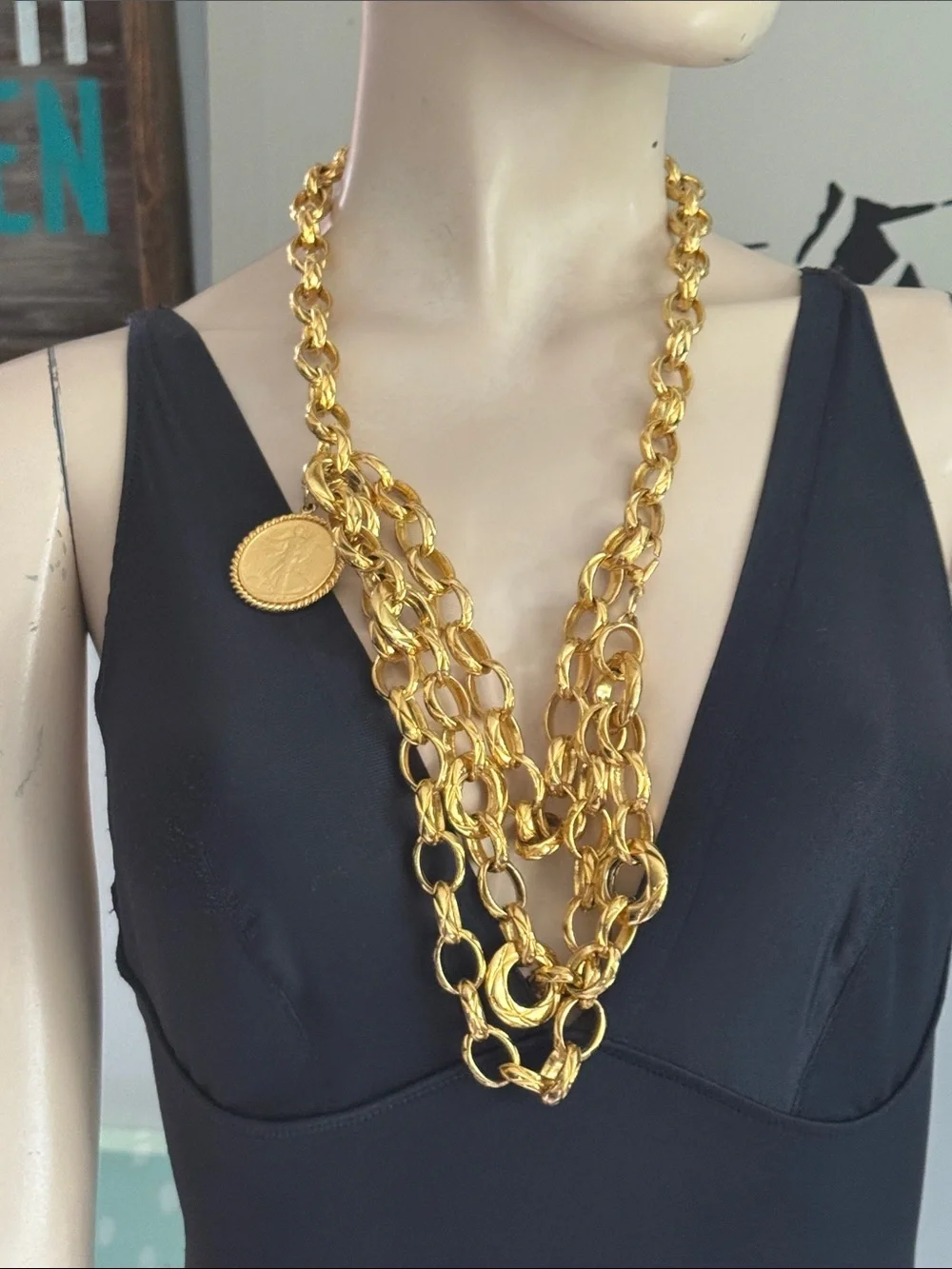 Vintage Gold Chain Link Belt with Gold Coin